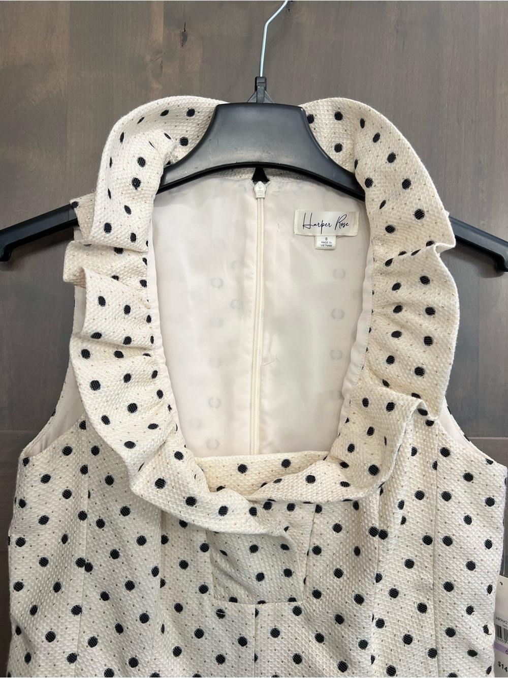 Sleeveless Textured Cream Polka Dot Ruffle Front Dress - Picture 9 of 10